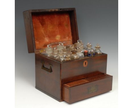 Medical Interest - a George III mahogany apothecary box, hinged cover and drawer to base enclosing an arrangement of chemist'