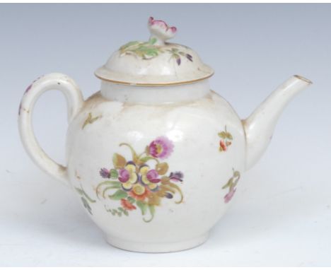 A Worcester globular teapot and cover, painted in polychrome with summer flowers, 14.5cm high, c.1770 