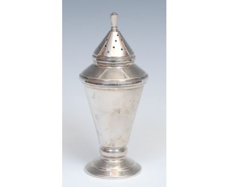 An Art Deco silver rocket shaped sugar caster, geometric finial, stepped circular base, 17cm high, James Dixon &amp; Sons, Sh