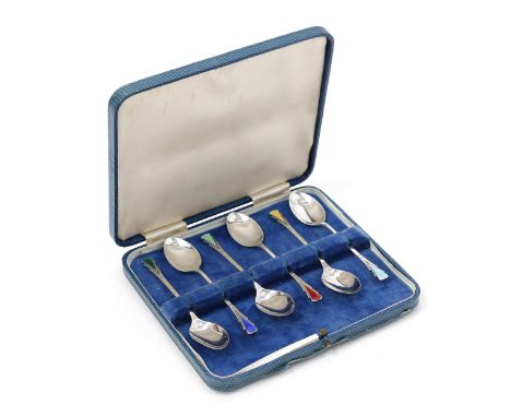 A set of six 1950's silver and harlequin enamel teaspoons, the terminals decorated in the 'Art Deco' style, cased, Birmingham