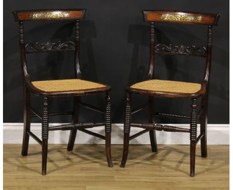 A pair of Post-Regency beech and brass marquetry side chairs, each with a cane seat, ring-turned forelegs and front stretcher