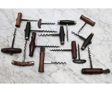 Helixophilia - a 19th century steel T-type direct pull corkscrew, turned rosewood handle with brush, 13cm long; others, simil