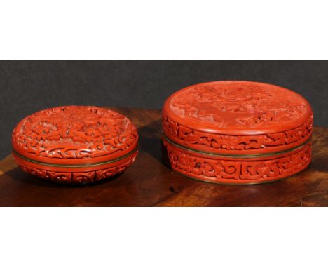 A Chinese cinnabar lacquer circular box and cover, carved in relief with chrysanthemums on a diaper ground, blue enamel inter