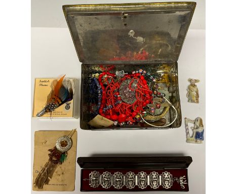 A Scottish Chieftain's Plume brooch; another Scottish souvenir brooch; a Pilgrim leaf bangle; a Saks of London retro necklace