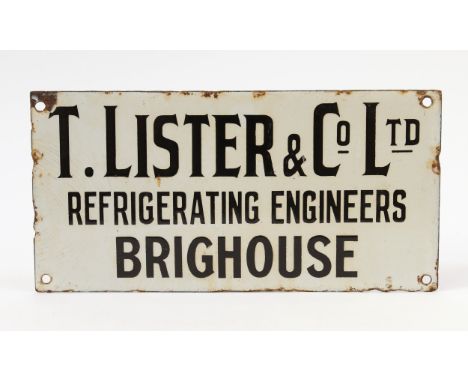 Advertising - a rectangular shaped single sided enamel sign, black lettering on a white ground, 'T.LISTER &amp; CO LTD, REFRI
