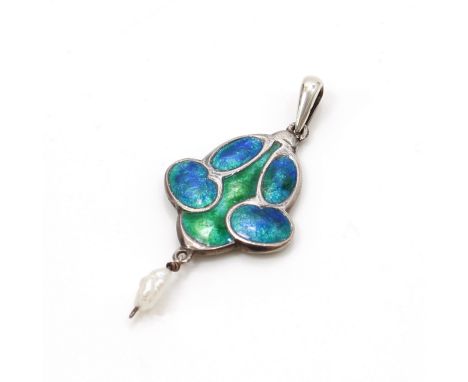 An unmarked white metal and enamel pendant, decorated in the 'Art Nouveau' taste and Charles Horner style, in mottled tones o
