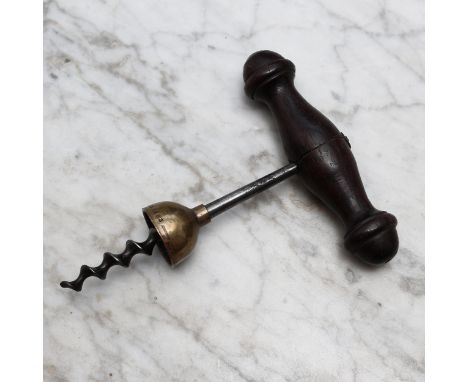 Helixophilia - an American William Bennit patent direct-pull bell corkscrew, brass cap, turned rosewood handle, 13cm long, pa