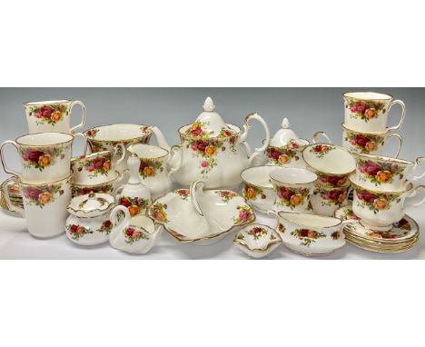 A Royal Albert Old Country Roses pattern tea set comprising large teapot, small teapot, milk jug and sugar bowl, six teacups,