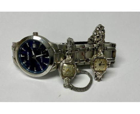 Watches - an Art Deco Bulova marcasite cocktail watch; another Bulova cocktail watch; an Accurist stainless steel gentleman's