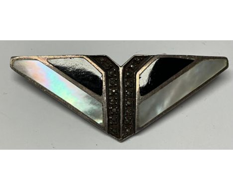 An Art Deco continental silver and marcasite triangular brooch, inlaid with mother-of-pearl and black onyx, marked 935, maker