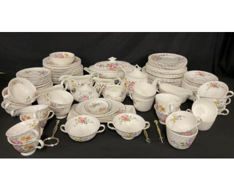 A Royal Doulton Arcadia pattern tea and dinner service, transfer printed with summer flowers, including teapot, cake stand, v