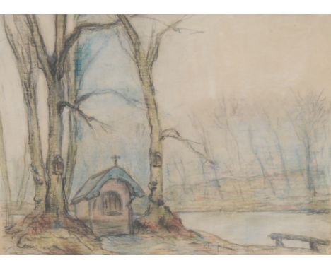 Paul Hagemans (Belgian 1884 - 1959)Chapel on the Lakesigned, dated 1957, pastel sketch, 27cm x 36cm 