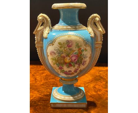 A Coalport two-handled pedestal ovoid vase, painted to front and verso with colourful summer flowers and fruit, within gilt j