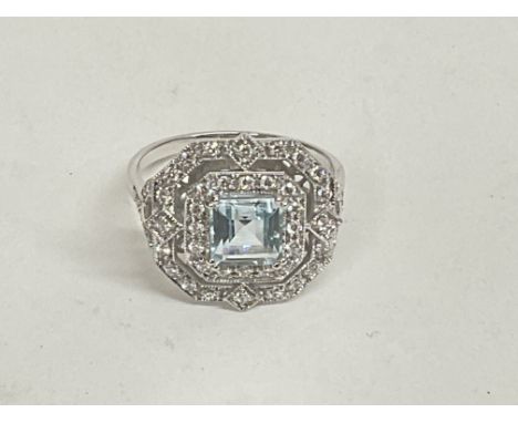 Vintage style 18ct white gold aquamarine and diamond double halo ring. Asscher cut aquamarine 1.20ct approx. Round cut diamon