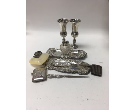 A Collection of silver including two vesta cases , two kiddish cups small pen tray and inkwell, silver button hook and shell 