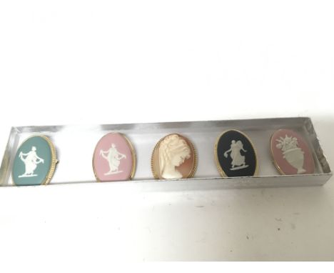 A 9carat gold cameo brooch and four Wedgwood ceramic brooches (not gold mounts)