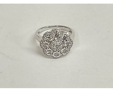 9ct white gold vintage style diamond cluster dress ring. Mixed round cut diamonds 1.00ct