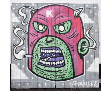 Street art by Captain Kris. A set of pine bi-fold doors from Camden Lock market painted by Captain Kris in 2014, then removed