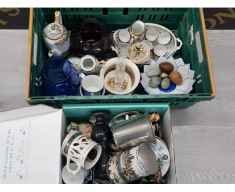 2 BOXES OF MISCELLANEOUS ITEMS SUCH AS PEWTER TANKARDS JAPANESE KUTANI CHINA TEA SERVICE COLOURED GLASS ETC
