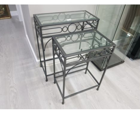 TWO MATCHING METAL AND BEVELLED GLASS CONSOLE TABLES 56 X 67 X 26CM AND 42 X 60 X 27CM