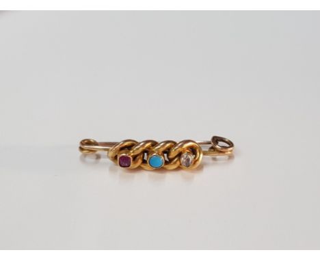 15CT YELLOW GOLD RUBY TURQUOISE AND DIAMOND BROOCH GROSS 2.8G
