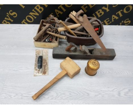 2 BOXES OF VINTAGE TOOLS INCLUDING LARGE PLANER ETC