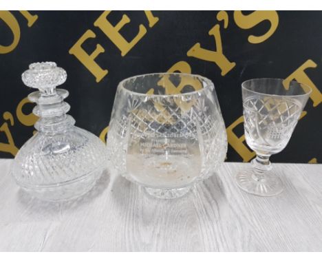 CUT GLASSWARE COMPRISING STUART HOUSE OF COMMONS WINE GLASS 19TH CENTURY DECANTER AND BOHEMIA VASE WITH DEDICATION