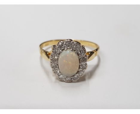 18CT YELLOW GOLD OPAL AND DIAMOND CLUSTER RING 3.9G GROSS SIZE P&nbsp;1/2