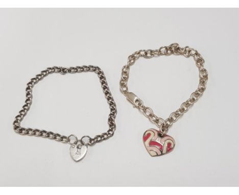 A SILVER BRACELET WITH ENAMEL HEART CHARM AND ANOTHER WITH HEART SHAPED CLASP 21.2G GROSS