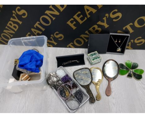 COSTUME JEWELLERY BY BIJOUX AND OTHERS VANITY MIRRORS GLASS TRINKET BOX AND OTHER ITEMS