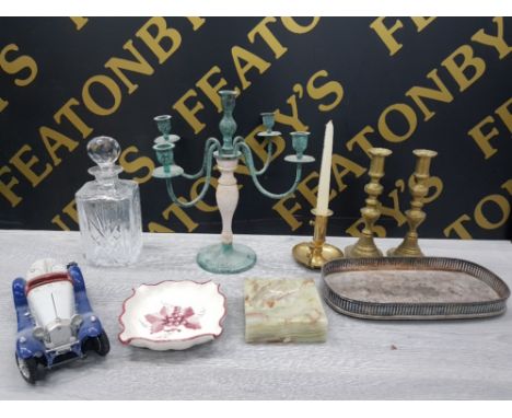 EDINBURGH CRYSTAL DECANTER WITH STOPPER,  ONYX ASHTRAY AND CANDELABRA ETC