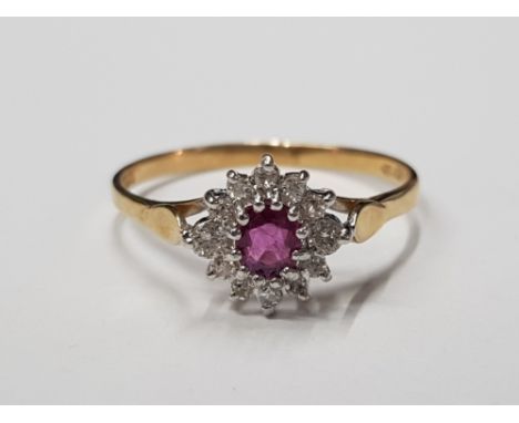 9CT YELLOW GOLD RUBY AND DIAMOND CLUSTER RING SIZE V 1.7G GROSS