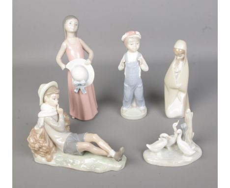 Five Lladro and one Nao by Lladro ceramic figures to include mother and child, boy resting against log, girl with hat, etc.  