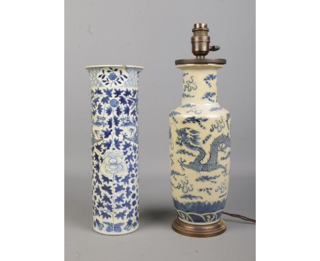 A 19th century Chinese blue and white sleeve vase with four character mark to base along with a similar vase/table lamp. Both