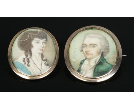 A pair of Georgian portrait miniatures of a lady and gentleman in gold frames/mounts. Ivory Submission References W5Q15DHC (l