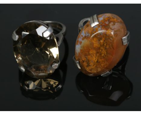 Two large vintage silver dress rings one having large moss agate stone and the other a large smokey quartz  