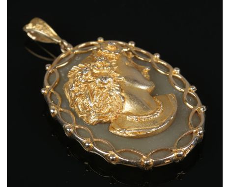 A 9ct gold, agate and diamond pendant, portrait of a maiden in high relief. Assay marks for London 1976, TAR. 5cm x 3.8cm.  