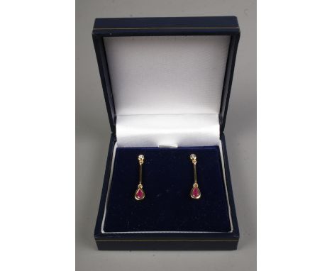 A pair of 9ct gold, ruby and diamond drop earrings. 2.44g.  