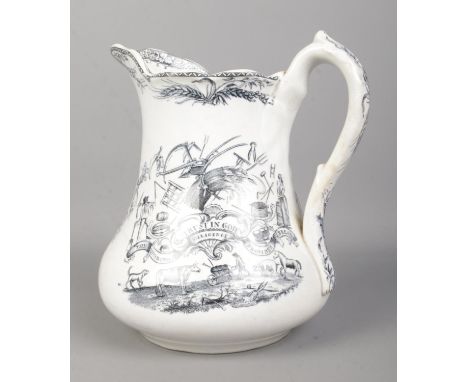 A 19th century Farmers Arms pottery pitcher. 'Industry Produceth Wealth'. Height 19.5cm.  