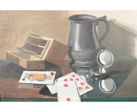 Daphne Jameson (1942–2018), a framed oil on canvas, still life with tankard, playing cards and other items. 34cm x 44cm.  