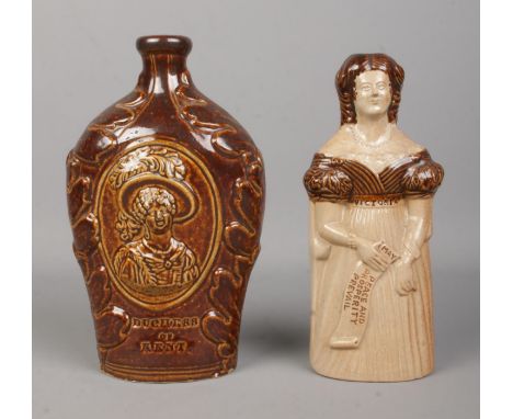 A Belper &amp; Denby Queen Victoria salt glazed flask along with a similar Denby Duchess of Kent Victoria treacle glazed bott