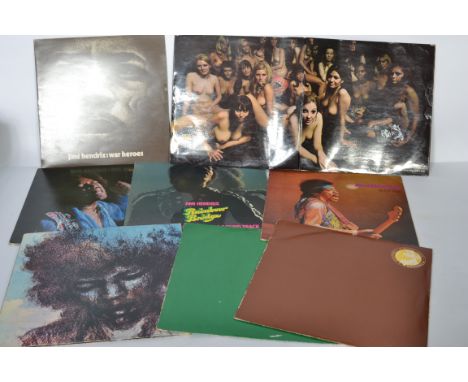 A collection of eight vinyl long play LP record albums all relating to Jimi Hendrix to include Electric Ladyland, Isle Of Wig