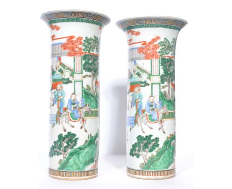 A large pair of late 19th century / early 20th century Guangxu Oriental Chinese ceramic famille verte vases of cylindrical fo