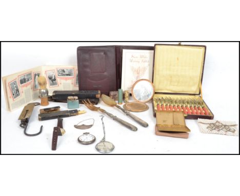 A good collection of vintage items to include early 20th century serving cutlery, a cased set of dessert forks, Salters pocke