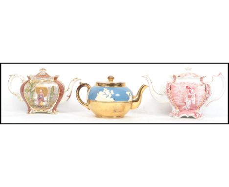 A Burleigh Ware teapot, circa 1894, with a chinoiserie scene of a lady in a garden holding a parasol and a gourd, Rd shape 22