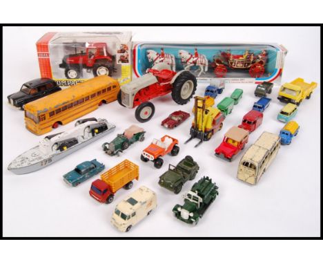 A collection of loose Lesney, Corgi & Dinky diecast model vehicles to include; Lesney, Dinky yellow bus, tractor etc. Also al