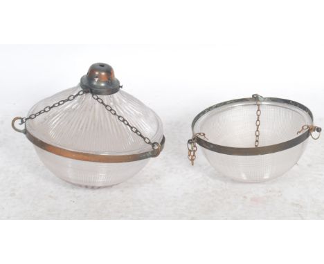 A non matched pair of vintage 20th century circa 1930's ceiling light fixtures, pressed glass shades.
