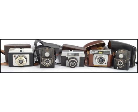 A collection of 5 vintage cameras to include 3 Ilford ( Sportman Auto, Sport 1etc ) along with 2 Ensign full view with cases 