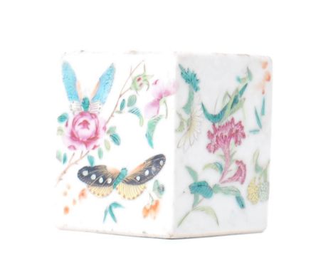 A believed 19th century Oriental ceramic Guangxu famille butterfly pattern incense burner? of cube form. Measurements: 6 cm h