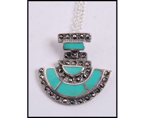 A sterling silver marcasite and enamel Art Deco necklace and pendant , weighs 7.2 grams.